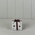 White Ceramic Present with Red Bow Christmas Decoration with LED