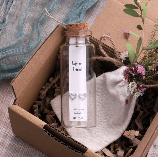 Attic Creations Message In A Bottle Fabulous Friend Crystal Heart Earrings Sterling Silver