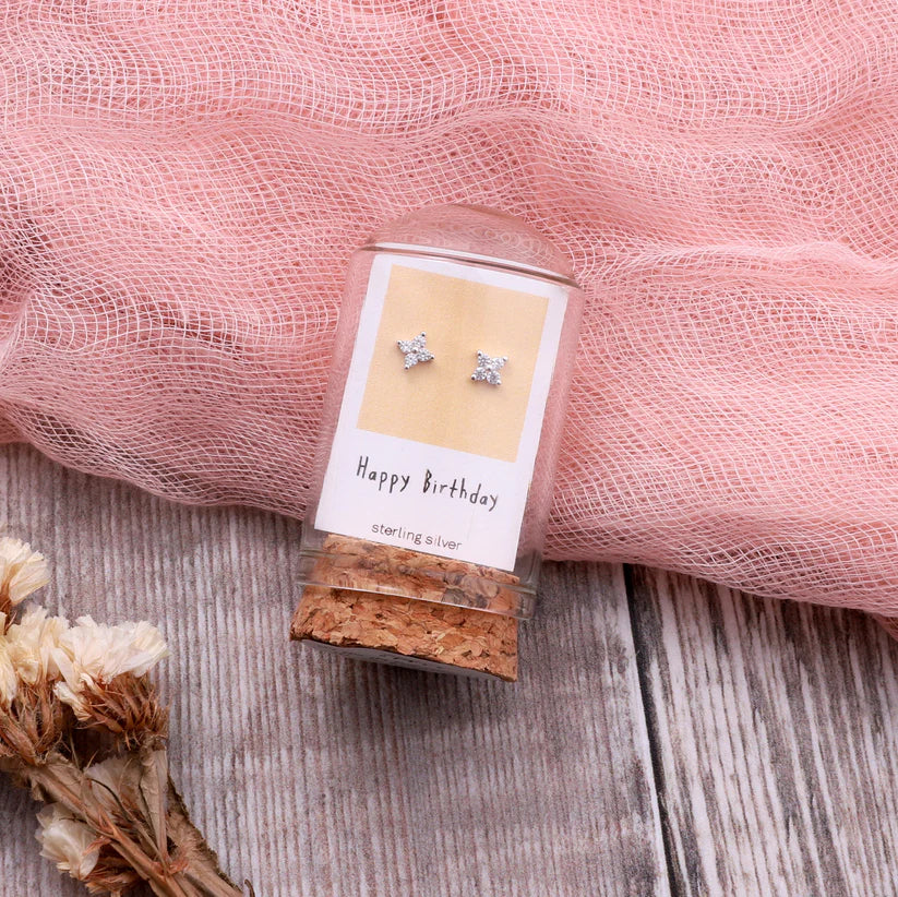 Attic Creations Happy Birthday Sparkle Star Earrings Silver