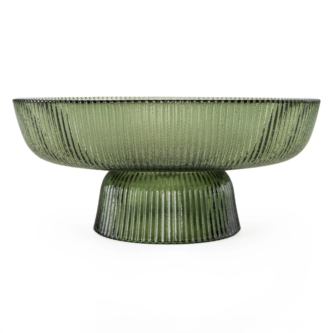Footed Ridged Glass Bowl Green 20cm