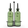 Oil & Vinegar Glass Bottle Set On Stand Green