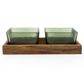 Square Glass Bowls Green On Acacia Wood Set of 2