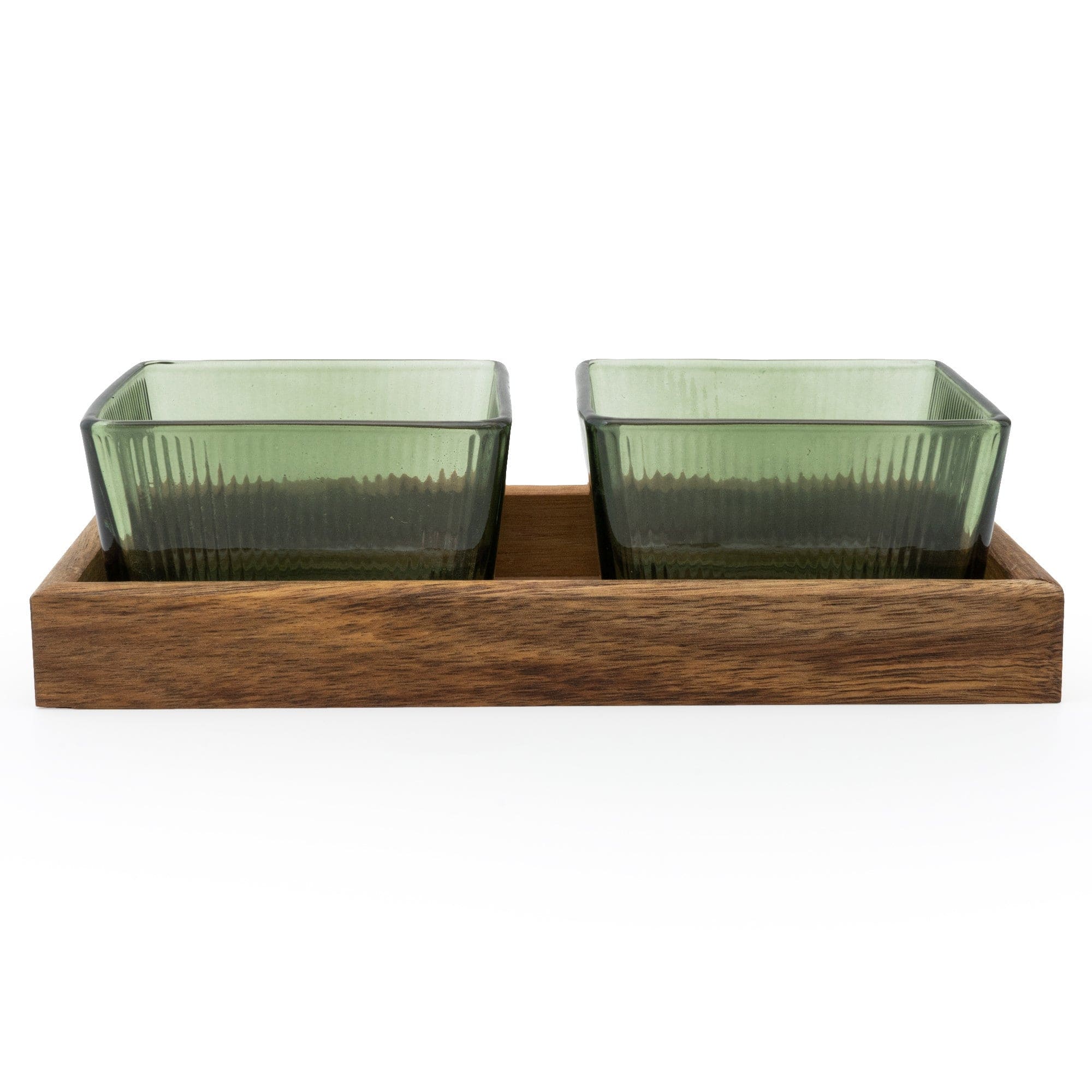 Square Glass Bowls Green On Acacia Wood Set of 2