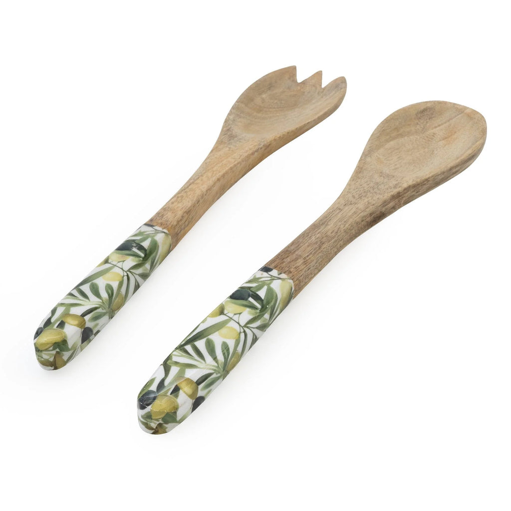 Wooden Fork and Spoon Salad Servers With Enamel Olives