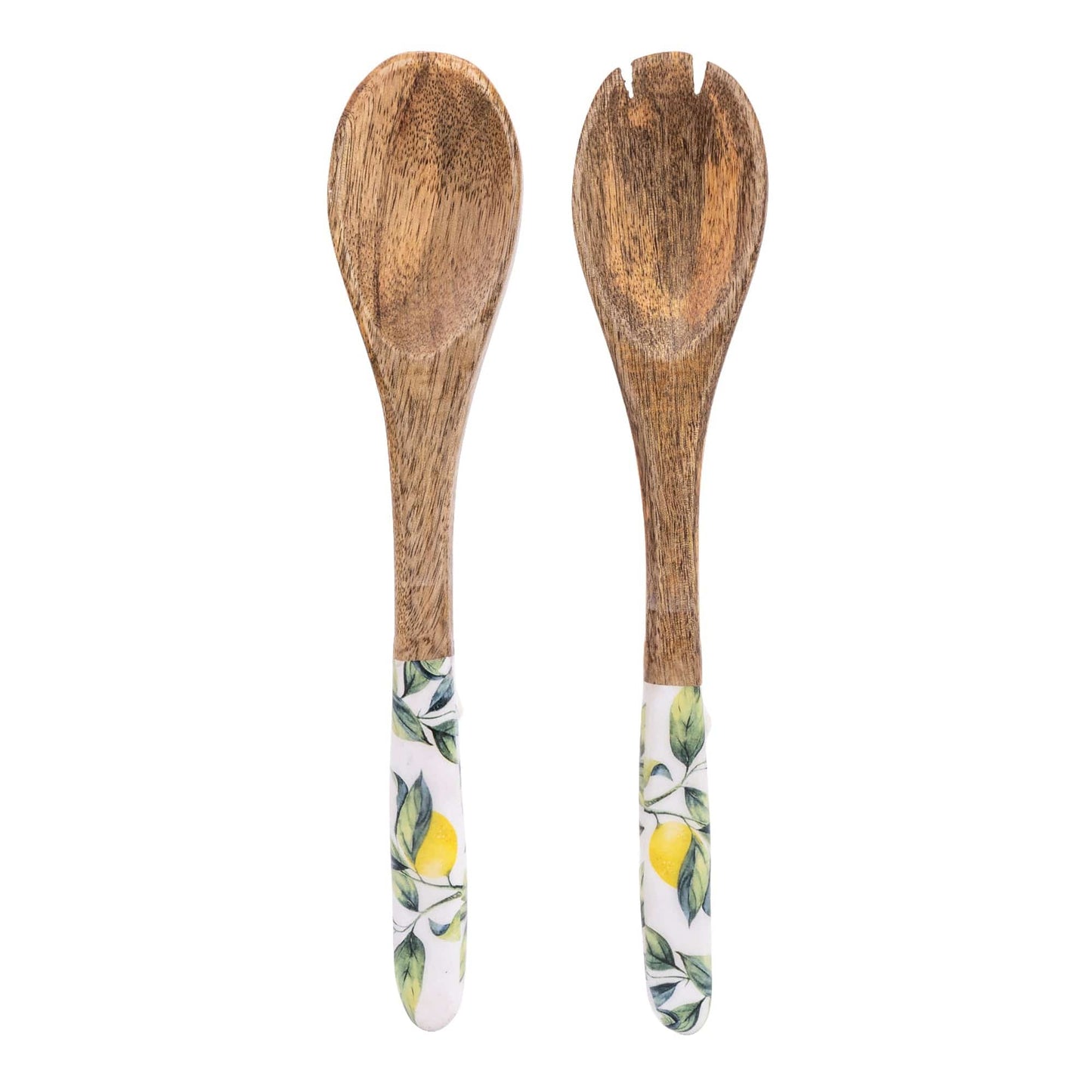 Wooden Fork and Spoon Salad Servers With Enamel Lemons