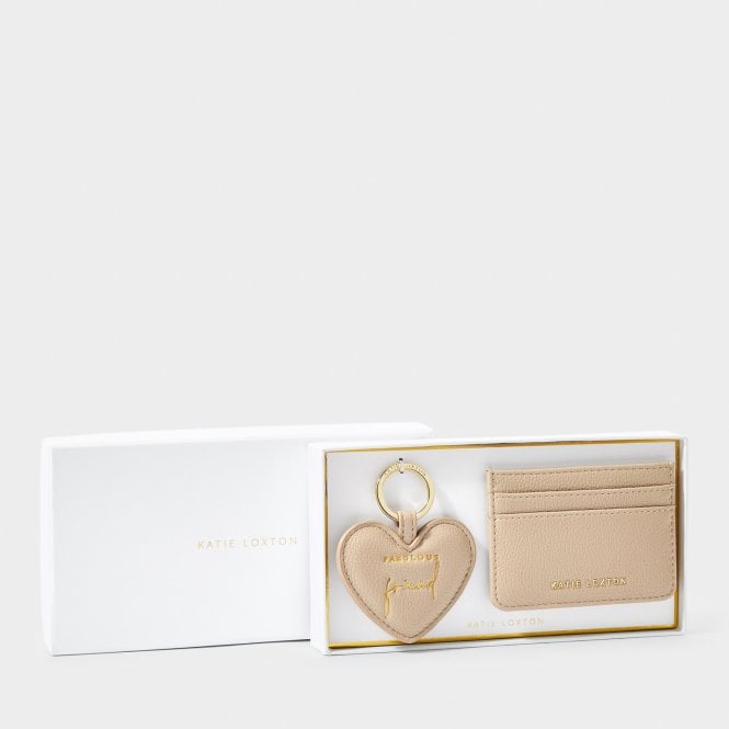 Katie Loxton Heart Keyring & Card Holder Set Fabulous Friend Light Taupe