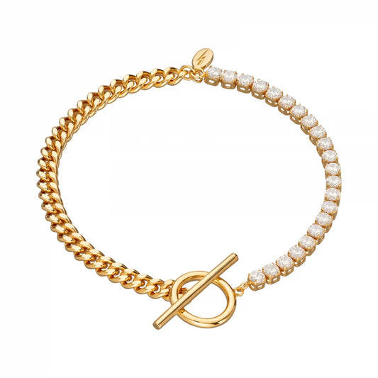 Scream Pretty Tennis and Curb Chain Bracelet  With T Bar Clasp 18k Gold Plated