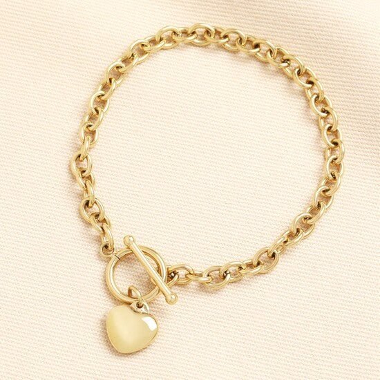 Lisa Angel Stainless Steel T-Bar Heart Charm Bracelet Gold