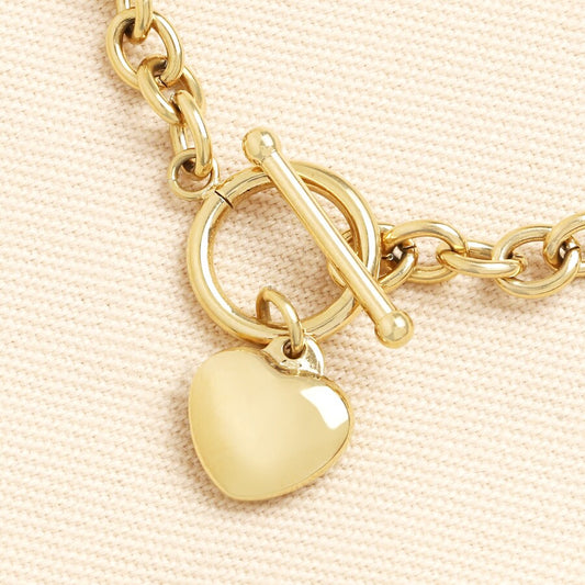 Lisa Angel Stainless Steel T-Bar Heart Charm Bracelet Gold