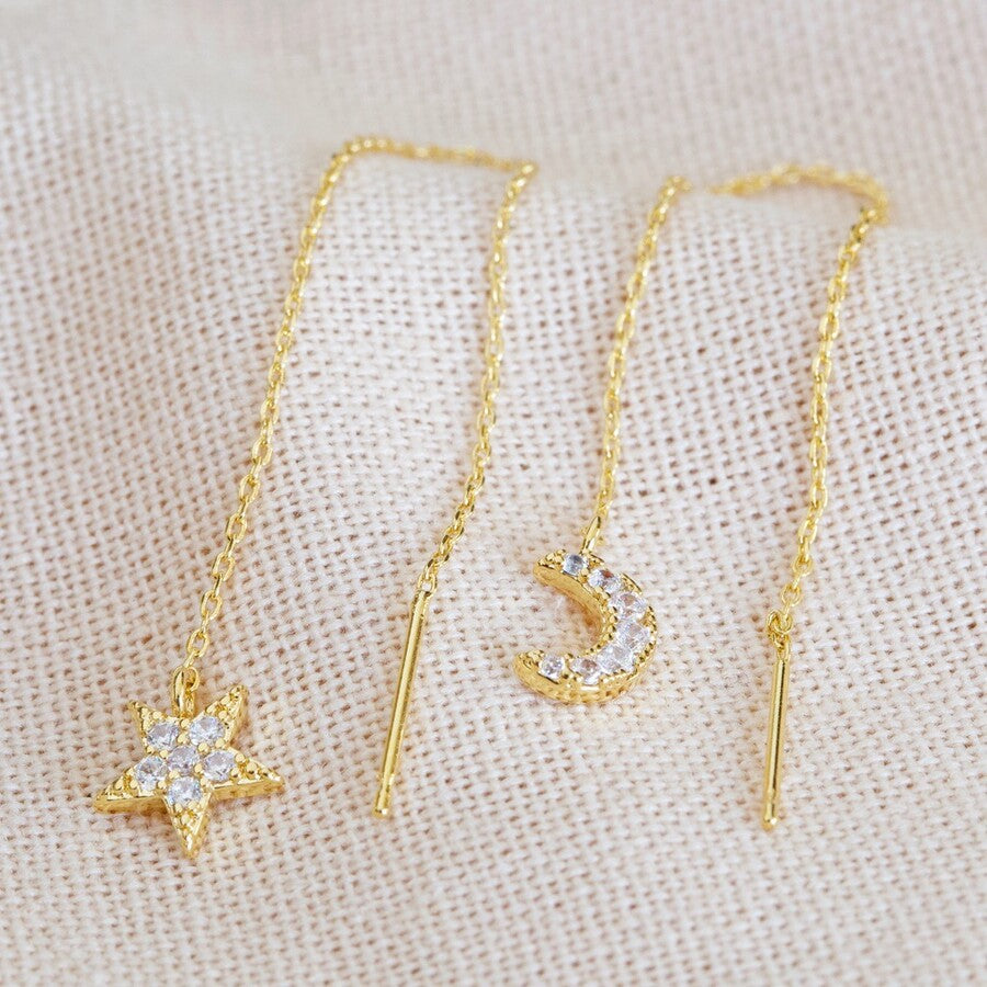 Lisa Angel Thread Through Moon and Star Chain Earrings in Gold