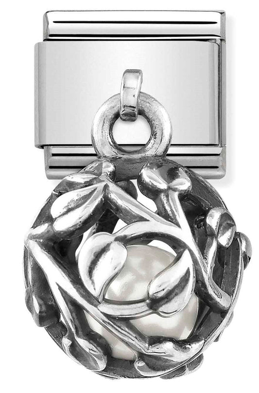 331810/05 Classic CHARMS ROUND CAGES S.steel,925 silver & stones WHITE PEARL Leaves