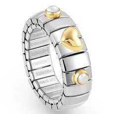 044608/007 XTE Ring Steel Ring,18ct Gold Heart + 2 White Pearl Stones