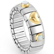 XTE Ring Steel Ring with 18ct Gold Heart + 2 White Opal Stones (022)