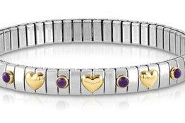 XTE Steel Bracelet & 3 x18ct Gold Hearts + 4 Amethyst (013)