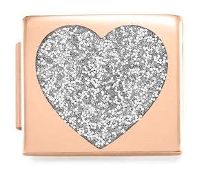 230203/01  Glam Steel,Enamel Fin, PINK GOLD  Heart, SILVER GLITTER