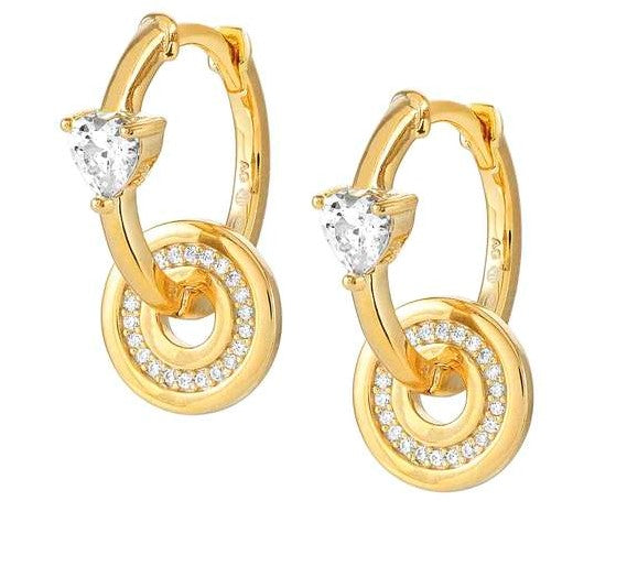 SENTIMENTAL earrings,925 silver,CZ,CIRCLE,Yellow Gold Plate Heart