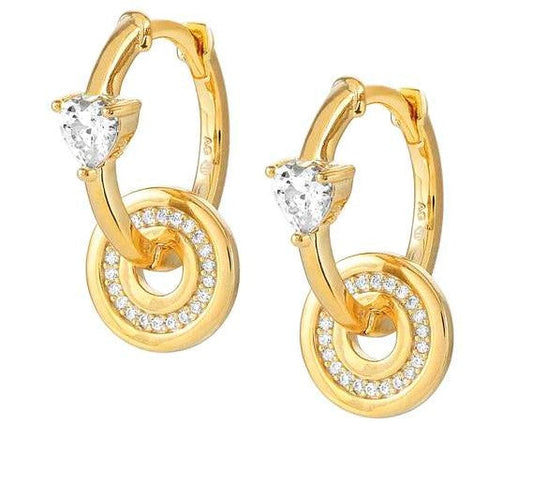 SENTIMENTAL earrings,925 silver,CZ,CIRCLE,Yellow Gold Plate Heart