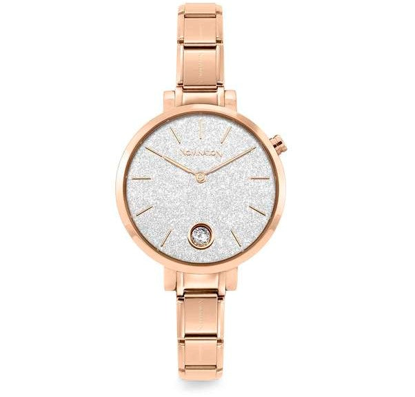 076034/023 PARIS watch, ROUND steel strap,ROSEGOLD Col PVD Coating & CZ.Glitter Silver Dial