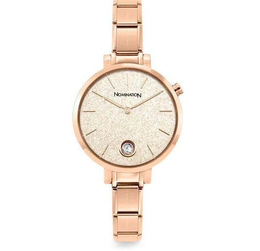 076034/025 PARIS watch,ROUND,steel strap, ROSEGOLD  PVD zircon, Gliter Rose Face