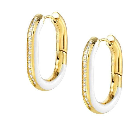 DRUSILLA earrings , steel, CZ, enamel Fin. Yellow gold WHITE
