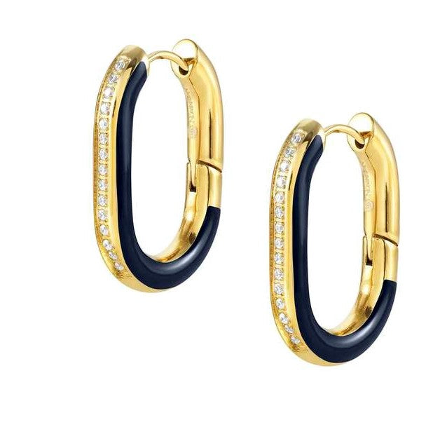DRUSILLA earrings, steel,CZ, enamel Fin. Yellow gold BLUE