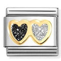 030220/15 Classic GLITTER SYMBOLS in steel, enamel and 18k gold Double Heart BLACK and SILVER