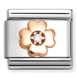 Classic Symbols in stainless steel with 9k rose gold and CZ WHITE four-leaf clover