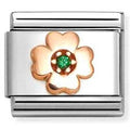 Classic Symbols in stainless steel with 9k rose gold and CZ GREEN four-leaf clover