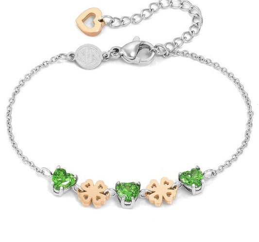 PRINCIPESSINA bracelets, steel, BI-TONE fin.CZ four-leaf clover