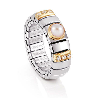 EXTENSION N.Y. Ring (S) in stainless steel with 18k gold? Cubic Zirconia and stones (015_PINK PEARL)