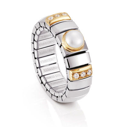 EXTENSION N.Y. Ring (S) in stainless steel with 18k gold? Cubic Zirconia and stones (013_White Pearl)