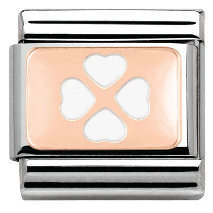 430201/07 Classic PLATES, S/steel,Bonded Rose Gold, enamel White Four-Leaf Clover